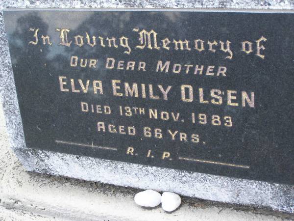 Elva Emily OLSEN,  | mother,  | died 13 Nov 1983 aged 66 years;  | Mudgeeraba cemetery, City of Gold Coast  | 
