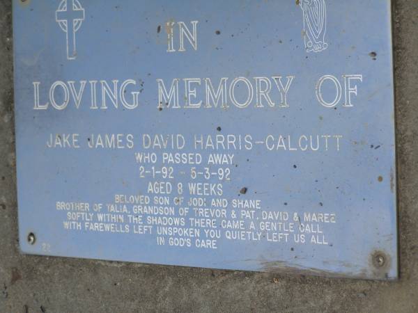 Jake James David HARRIS-CALCUTT,  | 2-1-92 - 5-3-92 aged 8 weeks,  | son of Jodi & Shane,  | brother of Talia,  | grandson of Trevor & Pat, David & Maree;  | Mudgeeraba cemetery, City of Gold Coast  | 