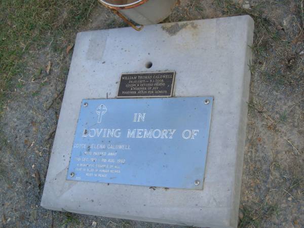 Joyce Helena CALDWELL,  | 13 Dec 1911 - 8 Aug 1992;  | William Thomas CALDWELL,  | 24-12-1925 - 5-1-2008,  | partner of Joy;  | Mudgeeraba cemetery, City of Gold Coast  | 