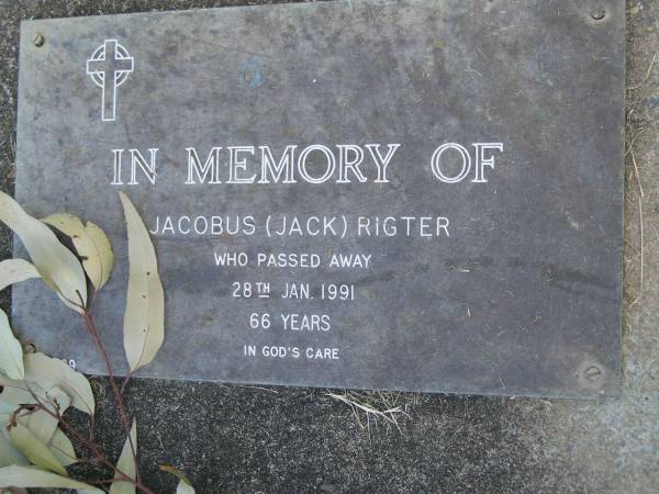 Jacobus (Jack) RIGTER,  | died 28 Jan 1991 aged 66 years;  | Mudgeeraba cemetery, City of Gold Coast  | 