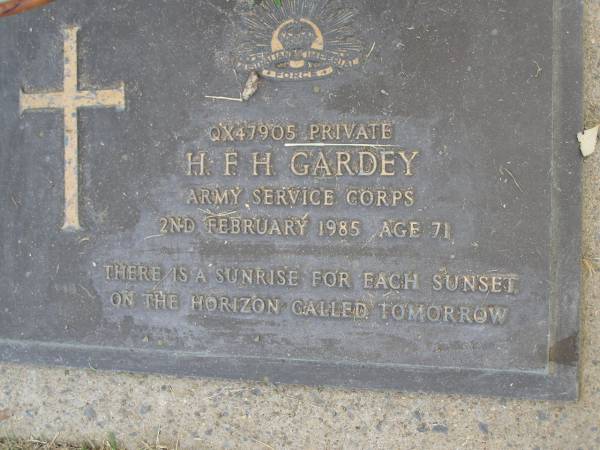 H.F.H. GARDEY,  | died 2 Feb 1985 aged 71 years;  | Mudgeeraba cemetery, City of Gold Coast  | 