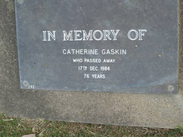 Catherine GASKIN,  | died 17 Dec 1984 aged 76 years;  | Mudgeeraba cemetery, City of Gold Coast  | 