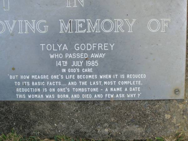 Tolya GODFREY,  | died 14 July 1985;  | Mudgeeraba cemetery, City of Gold Coast  | 