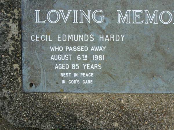 Cecil Edmunds HARDY,  | died 6 Aug 1981 aged 85 years;  | Mudgeeraba cemetery, City of Gold Coast  | 