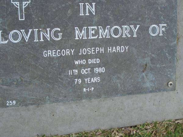 Gregory Joseph HARDY,  | died 11 Oct 1980 aged 79 years;  | Mudgeeraba cemetery, City of Gold Coast  | 