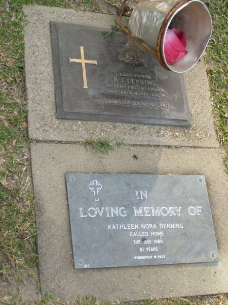 R.J. DENNING,  | died 26 Jan 1986 aged 76 years,  | wife Kit;  | Kathleen Nora DENNING,  | died 31 July 1989 aged 81 years;  | Mudgeeraba cemetery, City of Gold Coast  | 