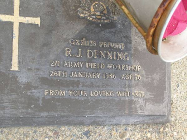 R.J. DENNING,  | died 26 Jan 1986 aged 76 years,  | wife Kit;  | Kathleen Nora DENNING,  | died 31 July 1989 aged 81 years;  | Mudgeeraba cemetery, City of Gold Coast  | 