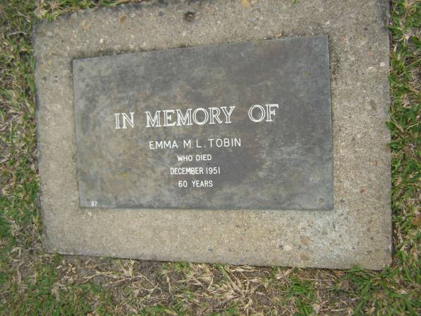 Emma M.L. TOBIN,  | died Dec 1951 aged 60 years;  | Mudgeeraba cemetery, City of Gold Coast  | 