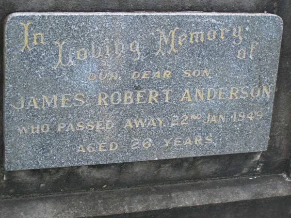 James Robert ANDERSON,  | son,  | died 22 Jan 1949 aged 26 years;  | Mudgeeraba cemetery, City of Gold Coast  | 