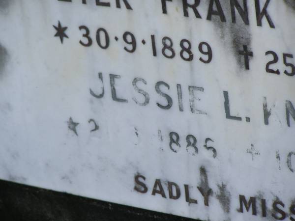 Peter Frank KNACK,  | 30-9-1889 - 25-6-1964;  | Jessie L. KNACK,  | 21-8?-1886 - 10-8-1974;  | Mudgeeraba cemetery, City of Gold Coast  | 