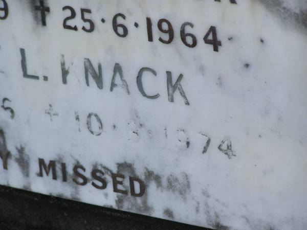 Peter Frank KNACK,  | 30-9-1889 - 25-6-1964;  | Jessie L. KNACK,  | 21-8?-1886 - 10-8-1974;  | Mudgeeraba cemetery, City of Gold Coast  | 