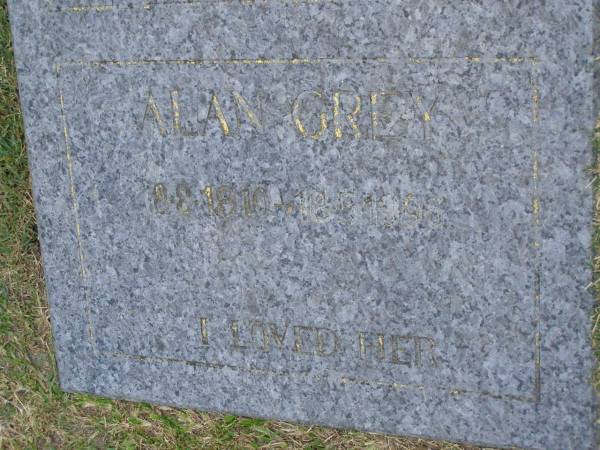 Kathleen Mary T. GREY,  | wife,  | 13-12-1918 - 5-9-1991;  | Alan GREY,  | 8-8-1910 - 18-5-1996;  | Mudgeeraba cemetery, City of Gold Coast  | 