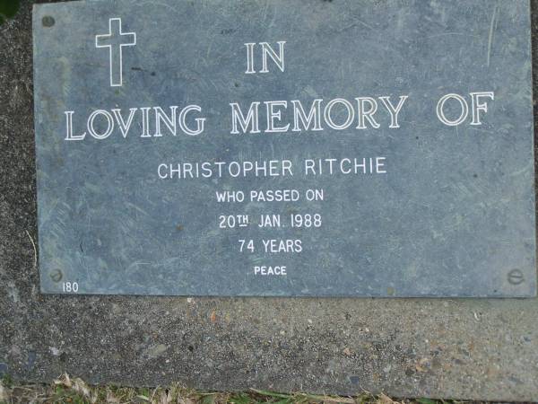 Christopher RITCHIE,  | died 20 Jan 1988 aged 74 years;  | Mudgeeraba cemetery, City of Gold Coast  | 