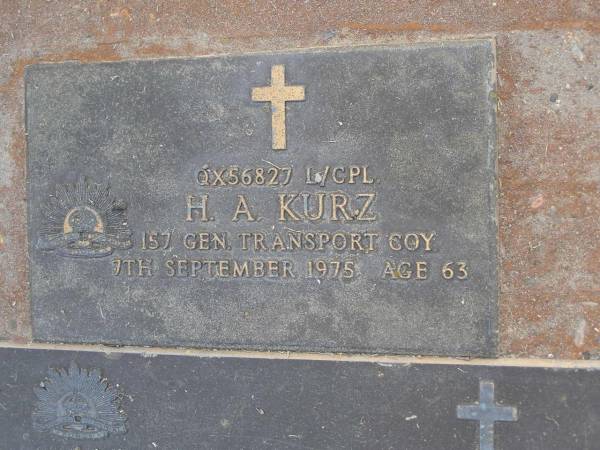 Harold Alfred KURZ,  | 1911 - 1975,  | husband of Pat,  | father of Toni, Lauraine, Dale, Gaylene, Joanne,  | Nigel & Simon;  | H.A. KURZ,  | died 7 Sept 1975 aged 63 years;  | Lauraine KURZ,  | died 30 Nov 2002,  | mate of Peter;  | Mudgeeraba cemetery, City of Gold Coast  | 