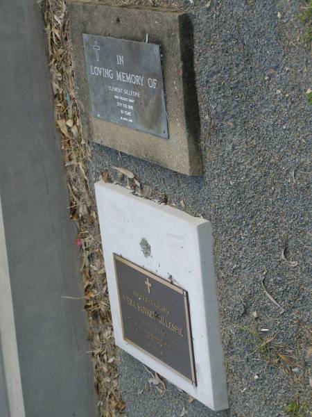 Clement GILLESPIE,  | died 25 Feb 1990 aged 80 years;  | Vera SANKEY-GILLESPIE,  | 12-10-1914 - 10-06-2007;  | Mudgeeraba cemetery, City of Gold Coast  | 