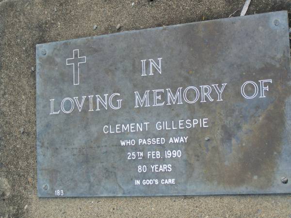 Clement GILLESPIE,  | died 25 Feb 1990 aged 80 years;  | Vera SANKEY-GILLESPIE,  | 12-10-1914 - 10-06-2007;  | Mudgeeraba cemetery, City of Gold Coast  | 