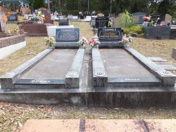 Myola Eileen COOKE,  | wife mother,  | died 6-6-2008 aged 90 years;  | Bertram Richard COOKE,  | husband father,  | died 4-1-1977 aged 75 years;  | Mudgeeraba cemetery, City of Gold Coast  | Research Contact: Adelle Jordan (da.jordan@bigpond.com)  | 