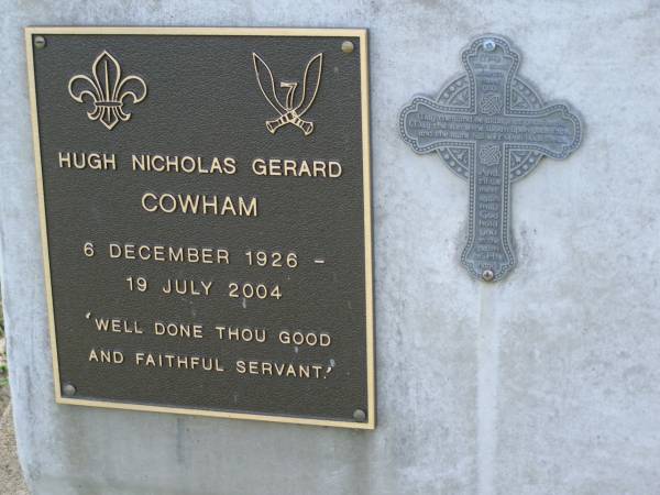 Hugh Nicholas Gerard COWHAM,  | 6-12-1926 - 19-7-2004;  | Mudgeeraba cemetery, City of Gold Coast  | 