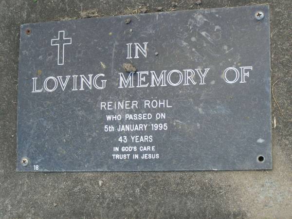 Reiner ROHL,  | died 5 Jan 1995 aged 43 years;  | Mudgeeraba cemetery, City of Gold Coast  | 