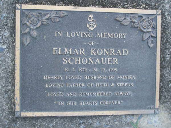 Elmar Konrad SCHONAUER,  | 19-2-1929 - 28-12-1995,  | husband of Monika,  | father of Heide & Stefan;  | Mudgeeraba cemetery, City of Gold Coast  | 