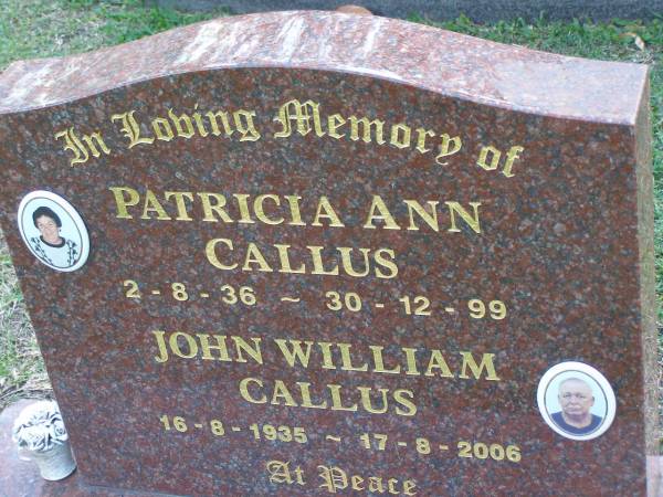Patricia Ann CALLUS,  | 2-8-36 - 30-12-99;  | John William CALLUS,  | 16-8-1935 - 17-8-2006;  | Mudgeeraba cemetery, City of Gold Coast  | 