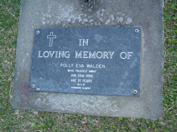 Polly Eva WALDEN,  | died 25 Jan 1998 aged 91 years,  | husband Albert;  | Mudgeeraba cemetery, City of Gold Coast  | 