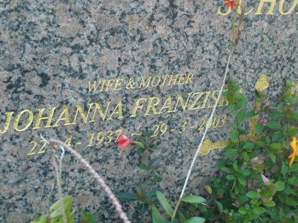 Johanna Franziska SCHOPF,  | wife mother,  | 22-4-1937 - 29-3-2003;  | Walter Joseph,  | son,  | 21-3-1964 - 27-11-1997;  | Mudgeeraba cemetery, City of Gold Coast  | 