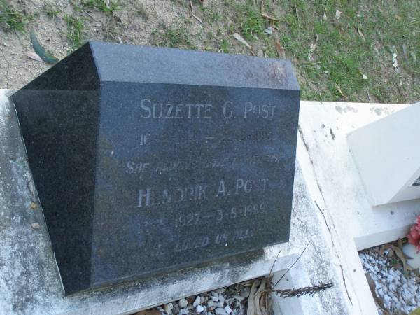 Suzette G. POST,  | 16-2-1941 - 22-2-1995;  | Hendrik A. POST,  | 13-8-1927 - 3-8-1999;  | Mudgeeraba cemetery, City of Gold Coast  | 