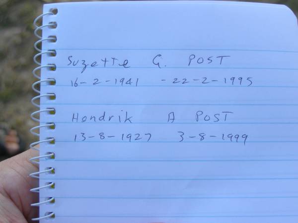 Suzette G. POST,  | 16-2-1941 - 22-2-1995;  | Hendrik A. POST,  | 13-8-1927 - 3-8-1999;  | Mudgeeraba cemetery, City of Gold Coast  | 