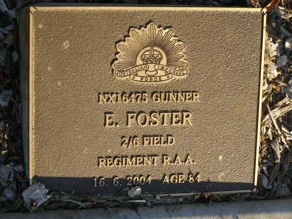 E. FOSTER,  | died 16-6-2004 aged 84 years;  | Mudgeeraba cemetery, City of Gold Coast  | 