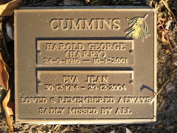 Harold George (Harry) CUMMINS,  | 24-9-1916 - 10-1-2001;  | Eva Jean CUMMINS,  | 30-12-1914 - 29-12-2004;  | Mudgeeraba cemetery, City of Gold Coast  | 