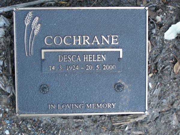 Desca Helen COCHRANE,  | 14-3-1924 - 20-5-2000;  | Mudgeeraba cemetery, City of Gold Coast  | 