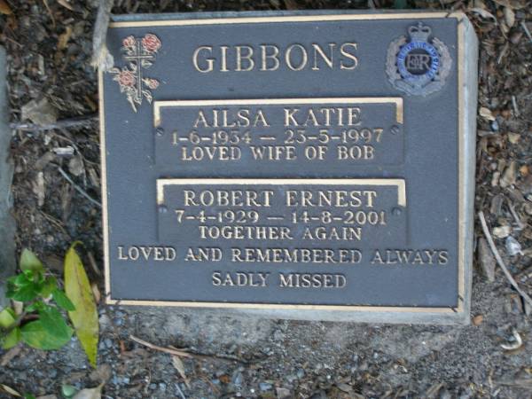 Ailsa Katie GIBBONS,  | 1-6-1934 - 23-5-1997,  | wife of Bob;  | Robert Ernest GIBBONS,  | 7-4-1929 - 14-8-2001;  | Mudgeeraba cemetery, City of Gold Coast  | 