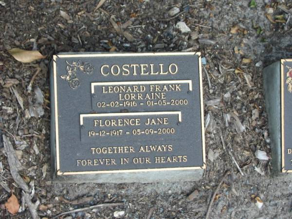 Leonard Frank Lorraine COSTELLO,  | 02-02-1916 - 01-05-2000;  | Florence Jane COSTELLO,  | 19-12-1917 - 05-09-2000;  | Mudgeeraba cemetery, City of Gold Coast  | 