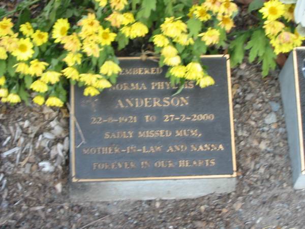 Norma Phyllis ANDERSON,  | 22-8-1921 - 27-2-2000,  | mum mother-in-law nanna;  | Mudgeeraba cemetery, City of Gold Coast  | 