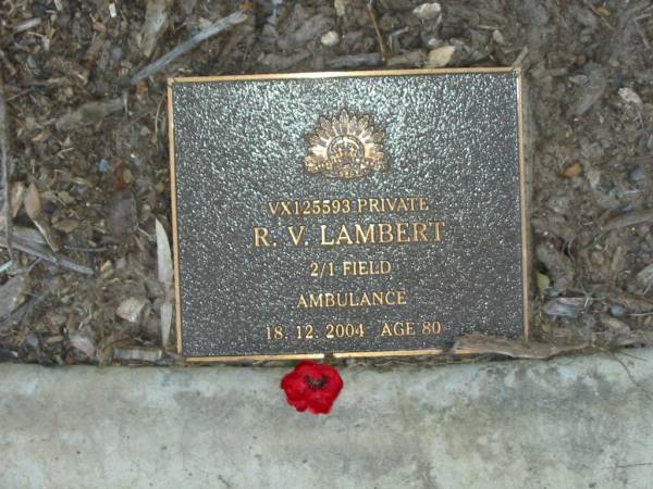 R.V. LAMBERT,  | died 18-12-2004 aged 80 years;  | Mudgeeraba cemetery, City of Gold Coast  | 