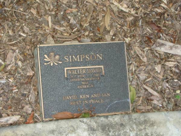 Walter David SIMPSON,  | 25-7-1923 - 1-1-2004,  | husband of May,  | father of David, Ken & Ian;  | Mudgeeraba cemetery, City of Gold Coast  | 