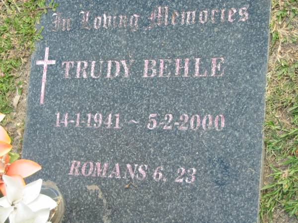 Trudy BEHLE,  | 14-1-1941 - 5-2-2000;  | Mudgeeraba cemetery, City of Gold Coast  | 