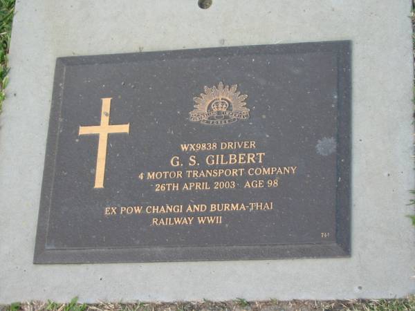 G.S. GILBERT,  | died 26 April 2003 aged 98 years;  | Mudgeeraba cemetery, City of Gold Coast  | 