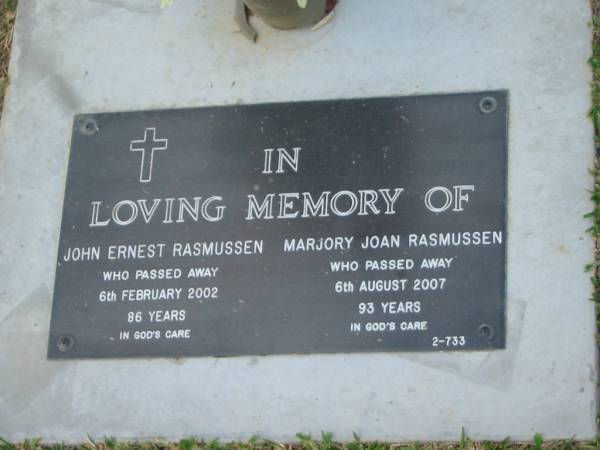 John Ernest RASMUSSEN,  | died 6 Feb 2002 aged 86 years;  | Marjory Joan RASMUSSEN,  | died 6 Aug 2007 aged 93 years;  | Mudgeeraba cemetery, City of Gold Coast  | 