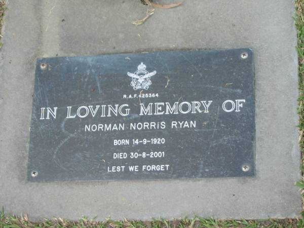 Norman Norris RYAN,  | born 14-9-1920,  | died 30-8-2001;  | Mudgeeraba cemetery, City of Gold Coast  | 
