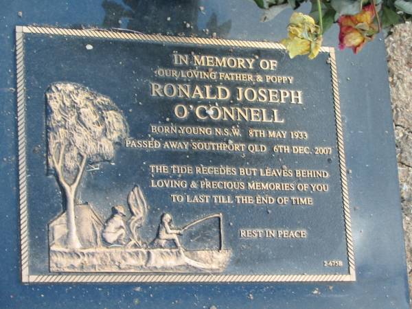 Ronald Joseph O'CONNELL,  | father poppy,  | born 8 May 1933 Young NSW,  | died 6 Dec 2007 Southport QLD;  | Mudgeeraba cemetery, City of Gold Coast  | 