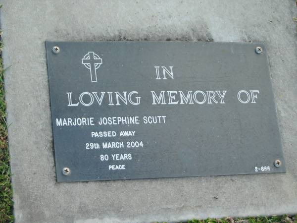Marjorie Josephine SCUTT,  | died 29 March 2004 aged 80 years;  | Mudgeeraba cemetery, City of Gold Coast  | 