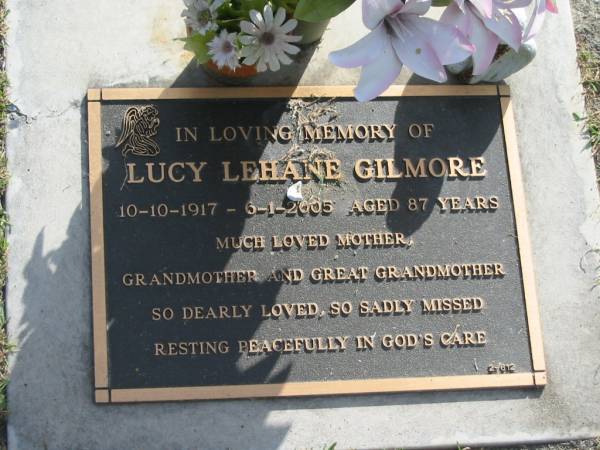 Lucy Lehane GILMORE,  | 10-10-1917 - 6-1-2005 aged 87 years,  | mother grandmother great-grandmother;  | Mudgeeraba cemetery, City of Gold Coast  | 