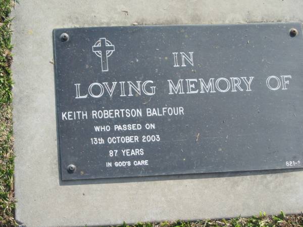 Keith Robertson BALFOUR,  | died 13 Oct 2003 aged 87 years;  | Mudgeeraba cemetery, City of Gold Coast  | 
