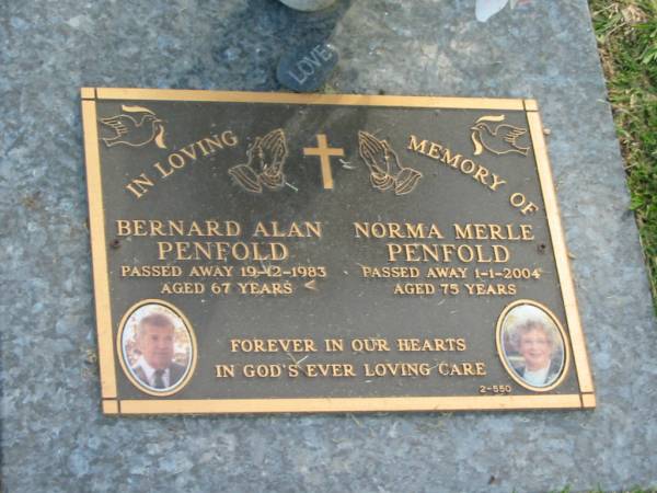 Bernard Alan PENFOLD,  | died 19-12-1983 aged 67 years;  | Norman Merle PENFOLD,  | died 1-1-2004 aged 75 years;  | Mudgeeraba cemetery, City of Gold Coast  | 