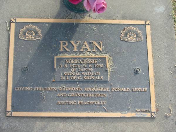Norma Jessie RYAN,  | 3-8-1923 - 1-6-1998,  | children Raymond, Margaret, Donald, Leslie,  | grandchildren;  | Mudgeeraba cemetery, City of Gold Coast  | 