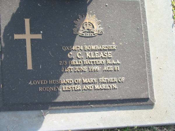 C.C. KLEASE,  | died 21 June 1999 aged 81 years,  | husband of Mary,  | father of Rodney, Lester & Marilyn;  | Mary Moore KLEASE,  | 3-1-1915 - 11-6-2007,  | wife of Colin,  | mother of Rodney, Lester & Marilyn;  | Mudgeeraba cemetery, City of Gold Coast  | 