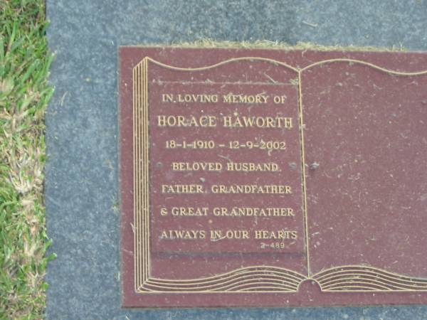 Horrace HAWORTH,  | 18-1-1910 - 12-9-2002,  | husband father grandfather great-grandfather;  | Mudgeeraba cemetery, City of Gold Coast  | 