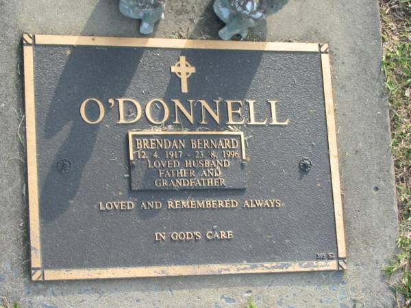 Brendan Bernard O'DONNELL,  | 12-4-1917 - 23-8-1996,  | husband father grandfather;  | Mudgeeraba cemetery, City of Gold Coast  | 